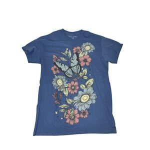 Love Tribe Butterfly Floral Graphic Tee Blue Cotton Short Sleeve T-Shirt XS